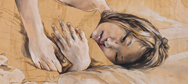 Painting of a person lying on their side, grasping a pillow to their upper torso.